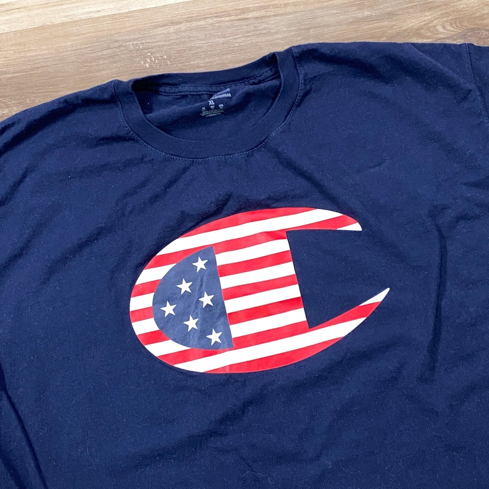 Champion T-Shirt Mens XL Patriotic USA Flag Logo Cotton Classic Navy Blue Tee